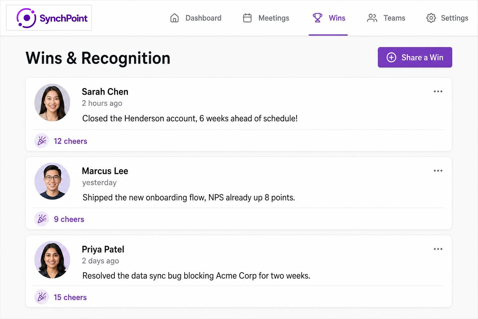 Wins and recognition feed